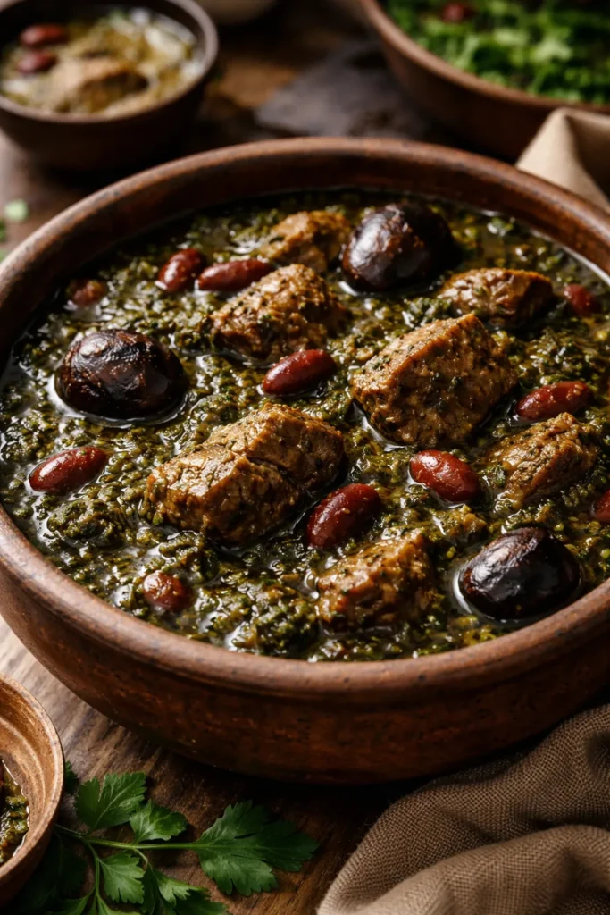 Close-up of Ghormeh Sabzi stew in a clay bowl with dark greens and dried limes