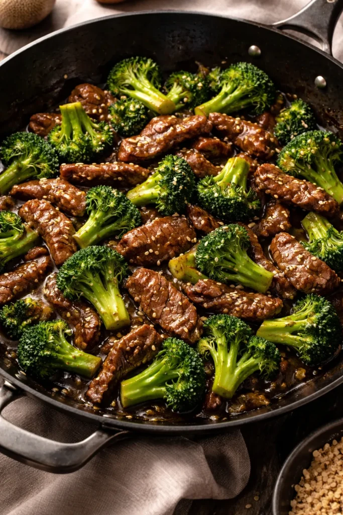 Beef and broccoli in a brown garlic sauce