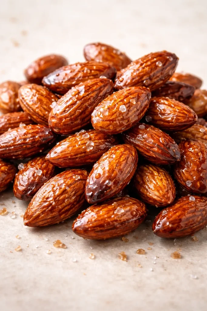 Glazed almonds with sweet and salty coating on neutral background