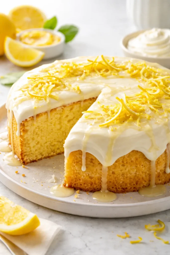 Lemon cake with glossy frosting and glaze topping