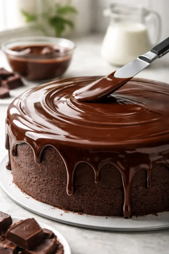 Close-up of mirror-gloss ganache coating on a cake surface.