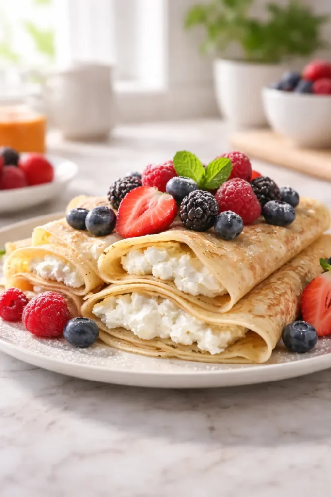 Close-up of gluten-free cottage cheese crepes with berries on a plate