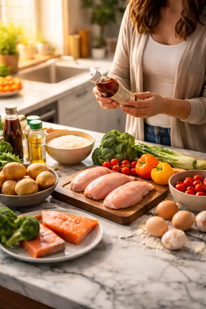 Kitchen scene of a parent planning gluten-free family dinners with fresh produce and proteins.