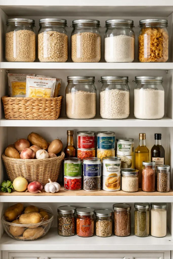 Organized gluten-free pantry with staples for quick gluten-free dinners