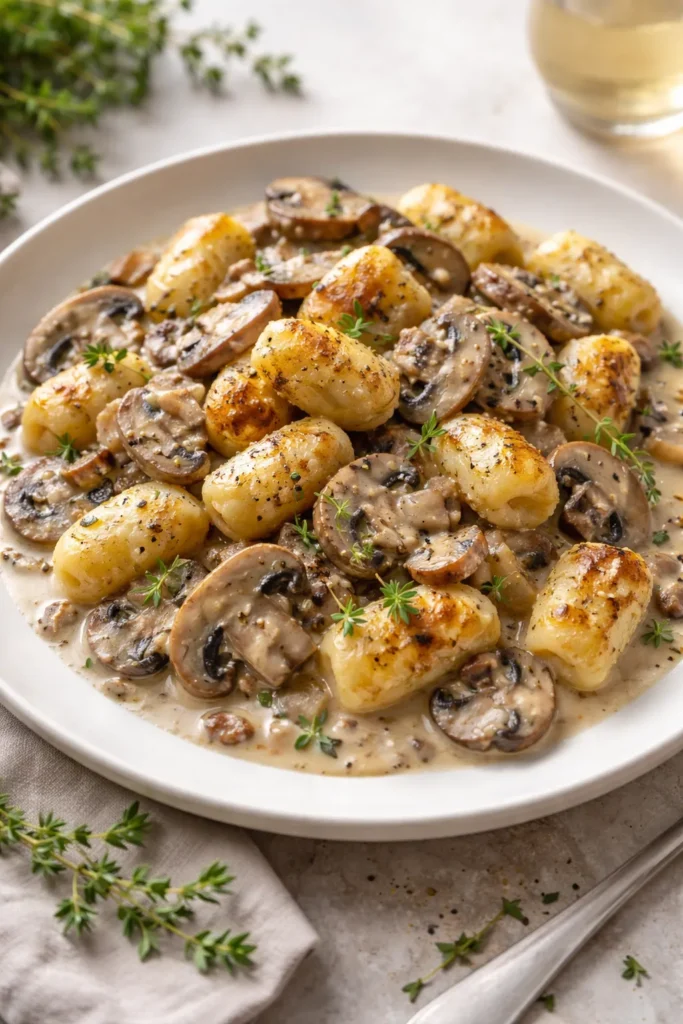 Gnocchi in creamy mushroom sauce with thyme on plate