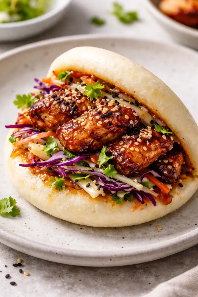 Gochujang chicken bao with sesame slaw inside