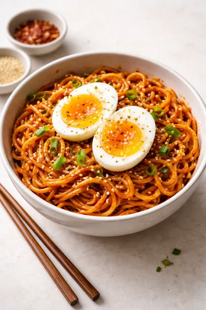 Gochujang noodles with soft-boiled egg in a bowl