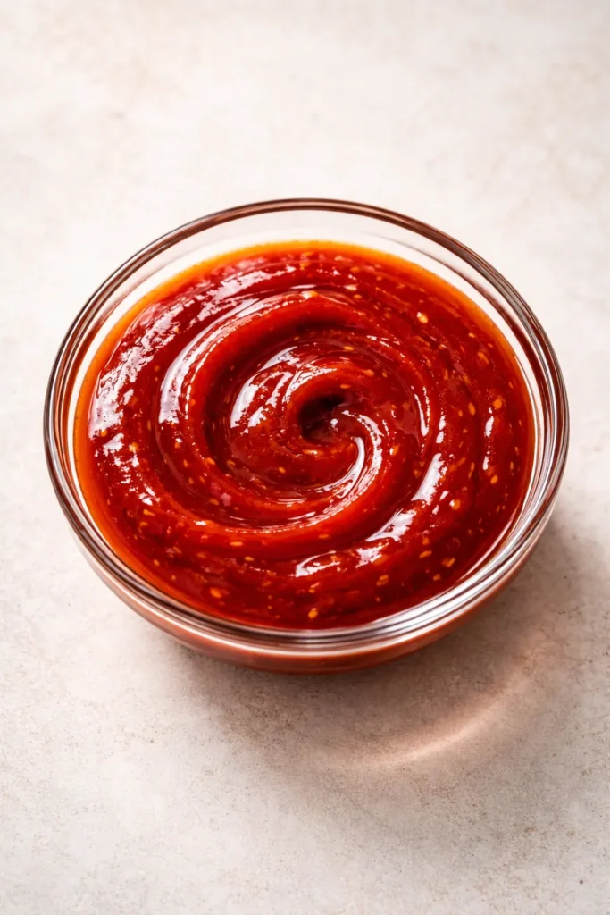 Vibrant red gochujang sauce in a glass dish with glossy surface