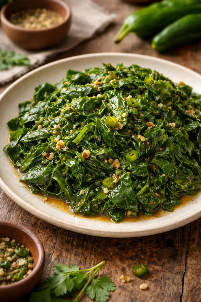 Bright green braised collard greens on a plain plate