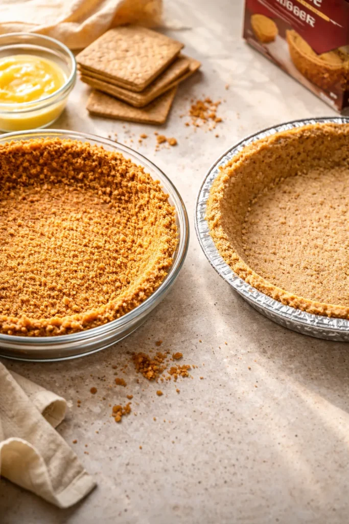 Side-by-side crusts: homemade graham cracker crust vs store-bought crust, golden brown and pale textures