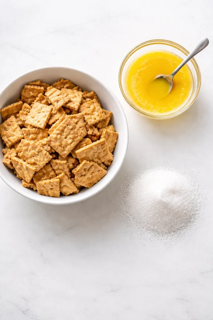 Graham crackers, melted butter, and sugar arranged for graham crust preparation