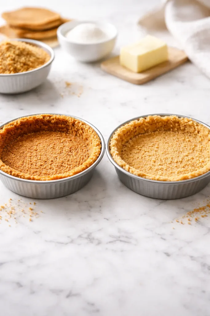 Split image of baked and no-bake graham crusts to compare textures