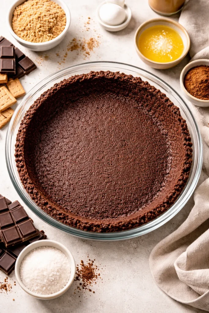 Chocolate graham crust in a pie dish with rich cocoa color