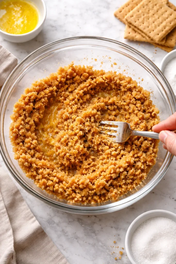 Crushed graham crackers, sugar, and melted butter being mixed into crust base