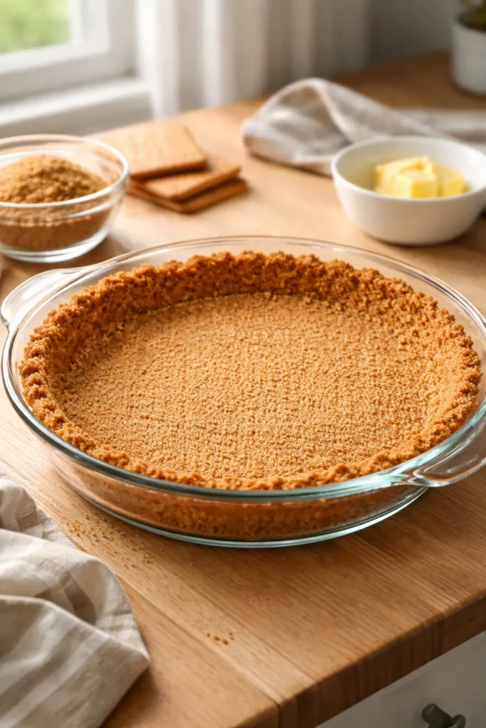 Close-up of a baked graham cracker crust in a pie dish on a wooden countertop