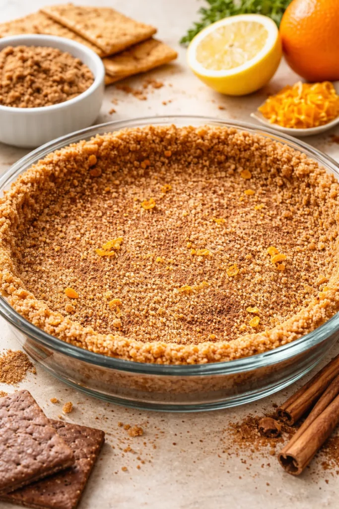 Graham crust with brown sugar, cinnamon, and citrus zest variations