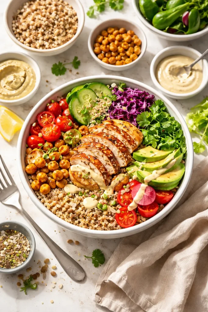 Close-up of a grain bowl with mixed grains and colorful toppings