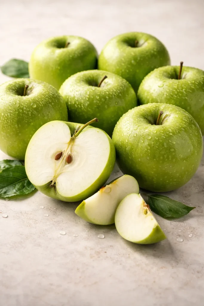 Granny Smith apples with bright green skin and firm texture ideal for baking