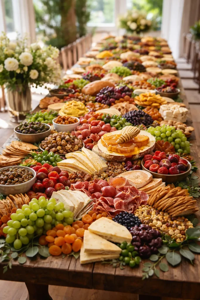 Long grazing table with cheeses, meats, fruit and crackers for a wedding