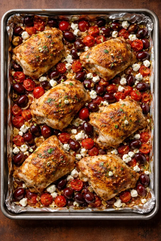 Greek chicken thighs with olives and feta on a sheet pan