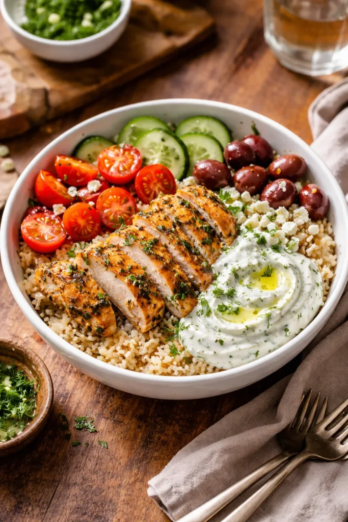 Close-up of a Greek chicken bowl with tzatziki, olives, and tomatoes over grains