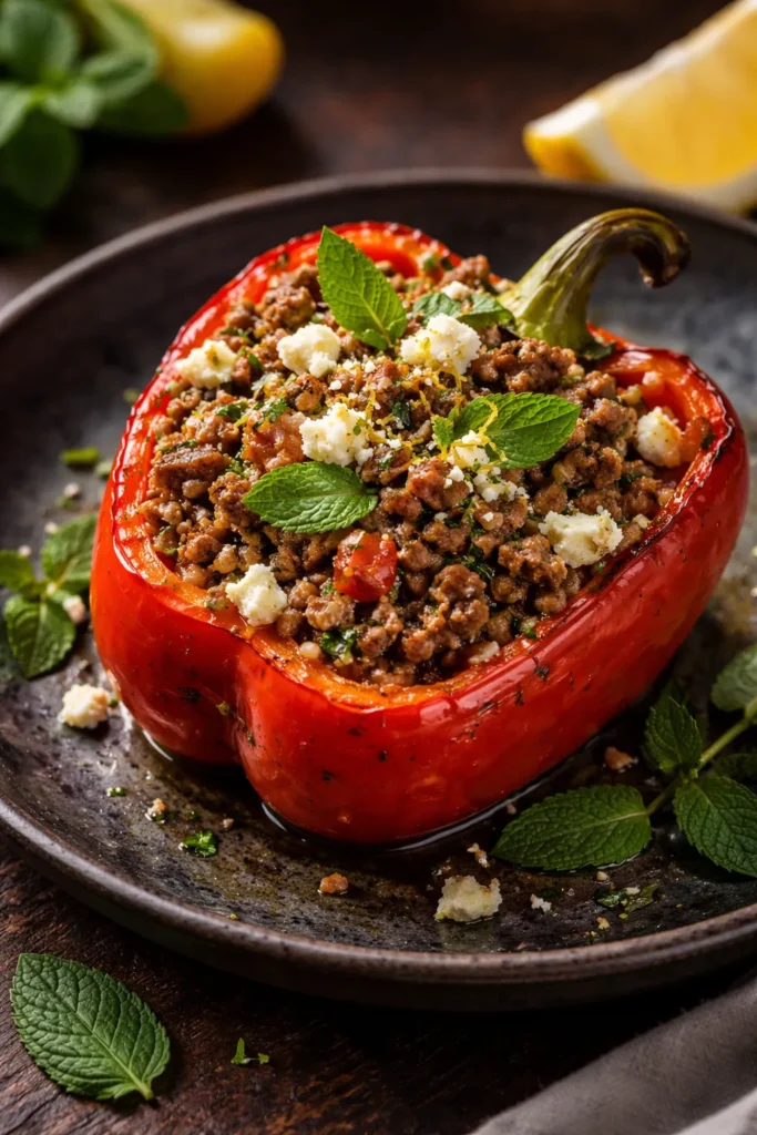 Pepper stuffed with lamb and feta with mint garnish