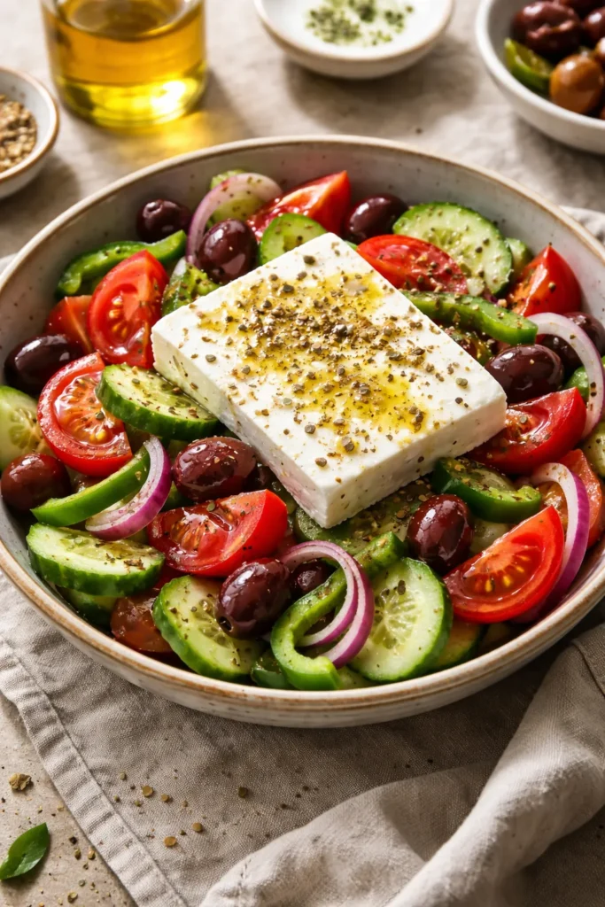 Greek salad with tomato, cucumber, olives, feta on rustic bowl