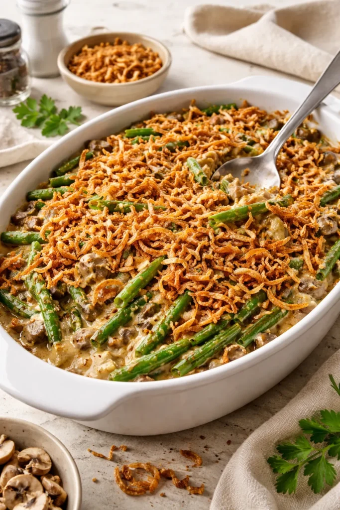 Green bean casserole with crispy fried shallots topping in a baking dish