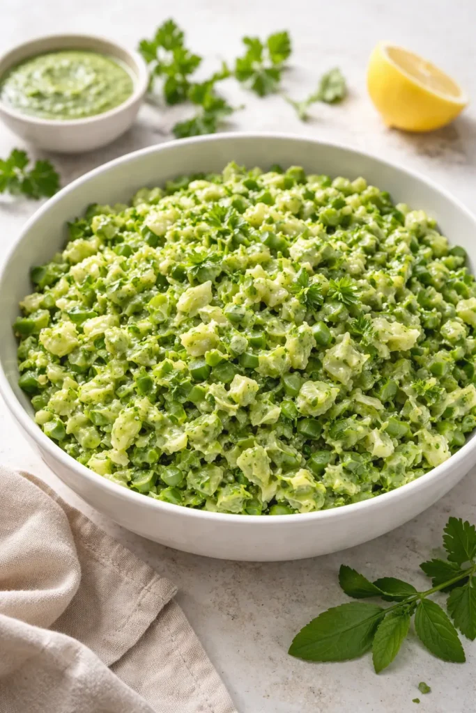 Bowl of chopped greens with green goddess dressing