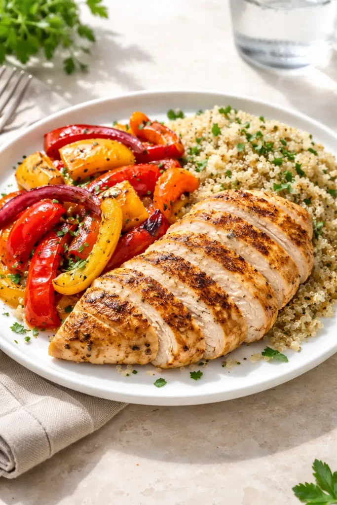 Sliced grilled chicken with peppers and quinoa on a plate