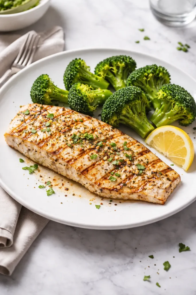 Grilled fish with a side of broccoli on a white plate