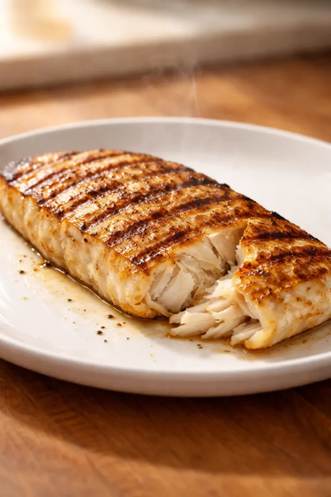 Grilled fish fillet on plate, suggesting leftovers and gentle reheating without drying