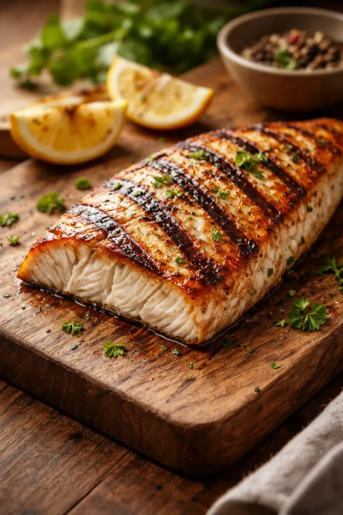 Close-up of grilled fish fillet with seared grill marks