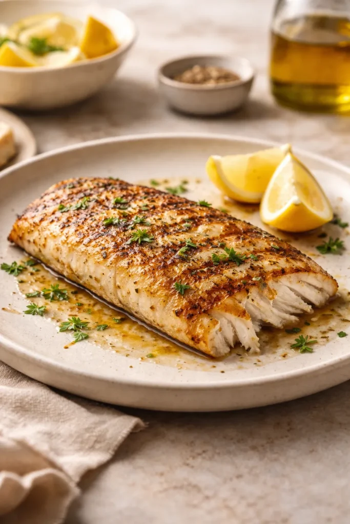 Grilled fish plated, illustrating final thoughts on technique