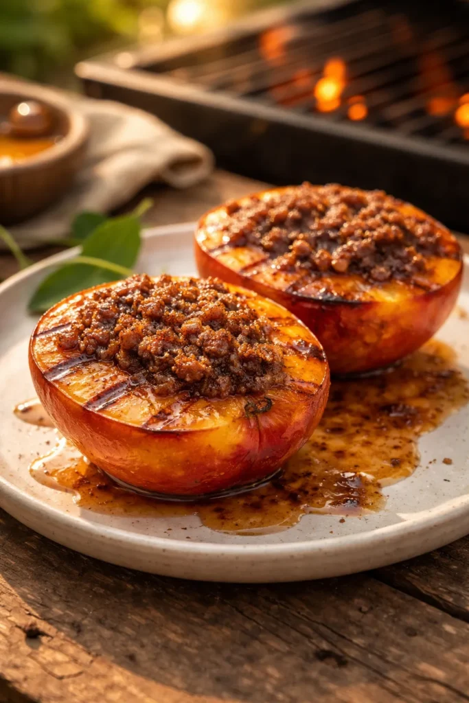 Grilled peaches with cinnamon brown sugar topping on plate