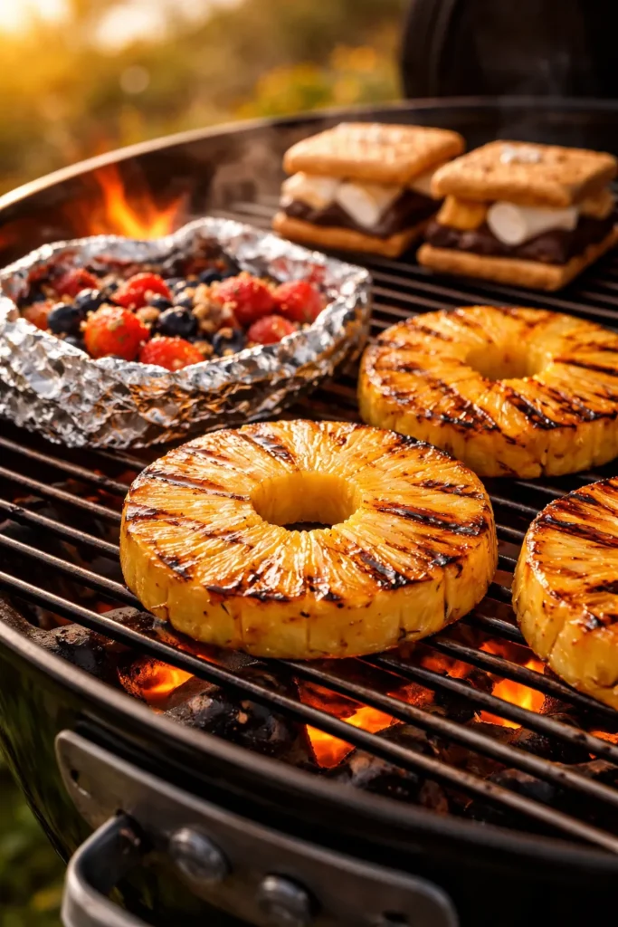 Grilled pineapple with caramelized grill marks on a barbecue grill