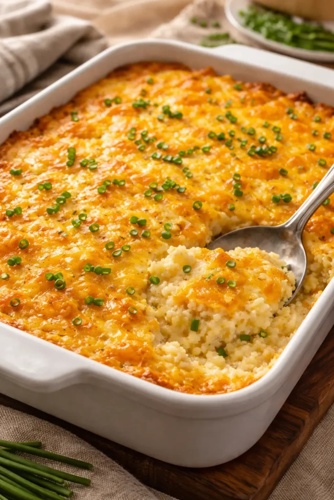 Creamy cheesy grits casserole with cheddar crust and chives
