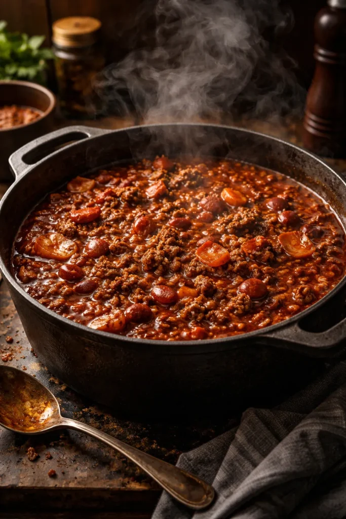 Rustic bowl of chili with ground beef and bacon in a thick sauce.