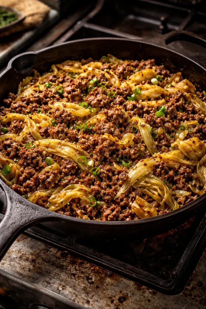 Ground beef and cabbage skillet with caramelized edges in a cast-iron pan