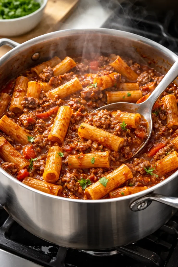Ground beef meat sauce pasta cooking in one pot with short pasta
