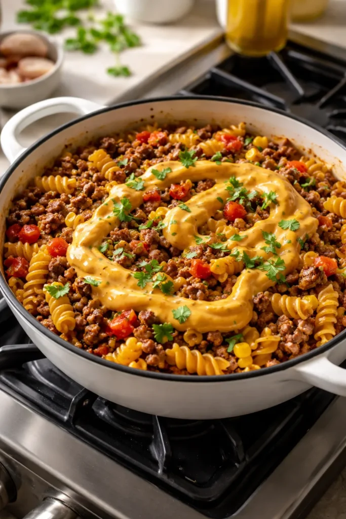 One-pot gluten-free pasta with ground beef and cashew nacho sauce.
