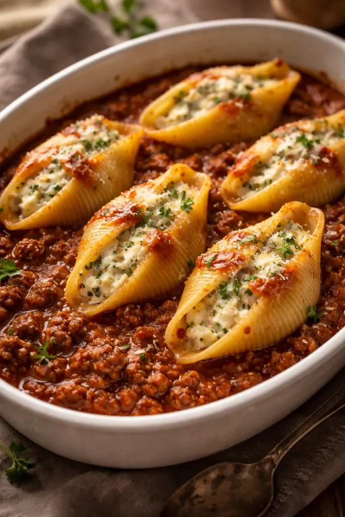 Ground beef stuffed shells with meat sauce on plate