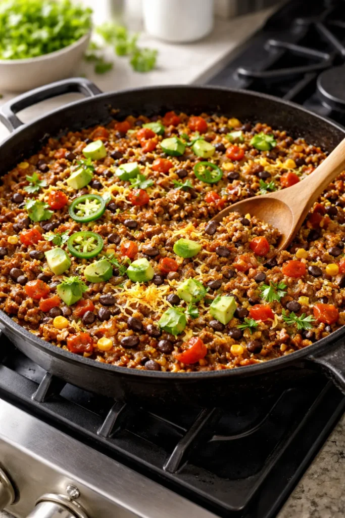 Skillet with beef, beans, and tomatoes for taco skillet