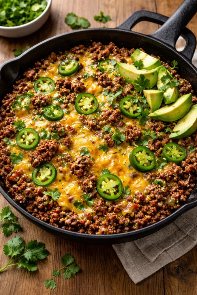 Cheesy ground beef taco skillet with jalapeño and avocado