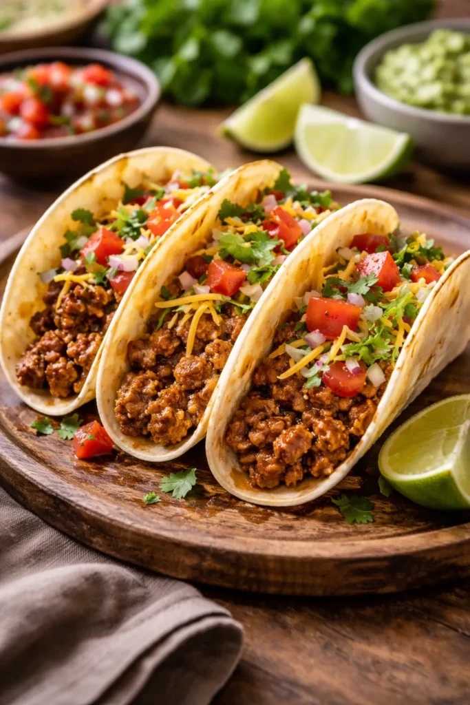 Two ground beef tacos on a plate with saucy beef filling