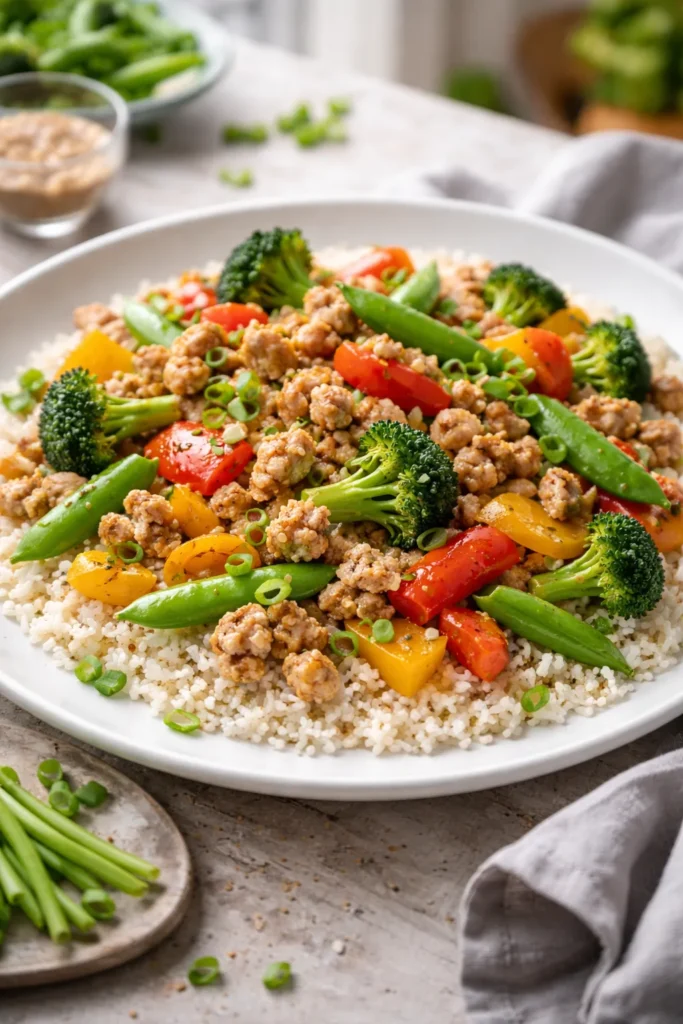 Ground chicken stir fry over cauliflower rice with colorful vegetables on plate