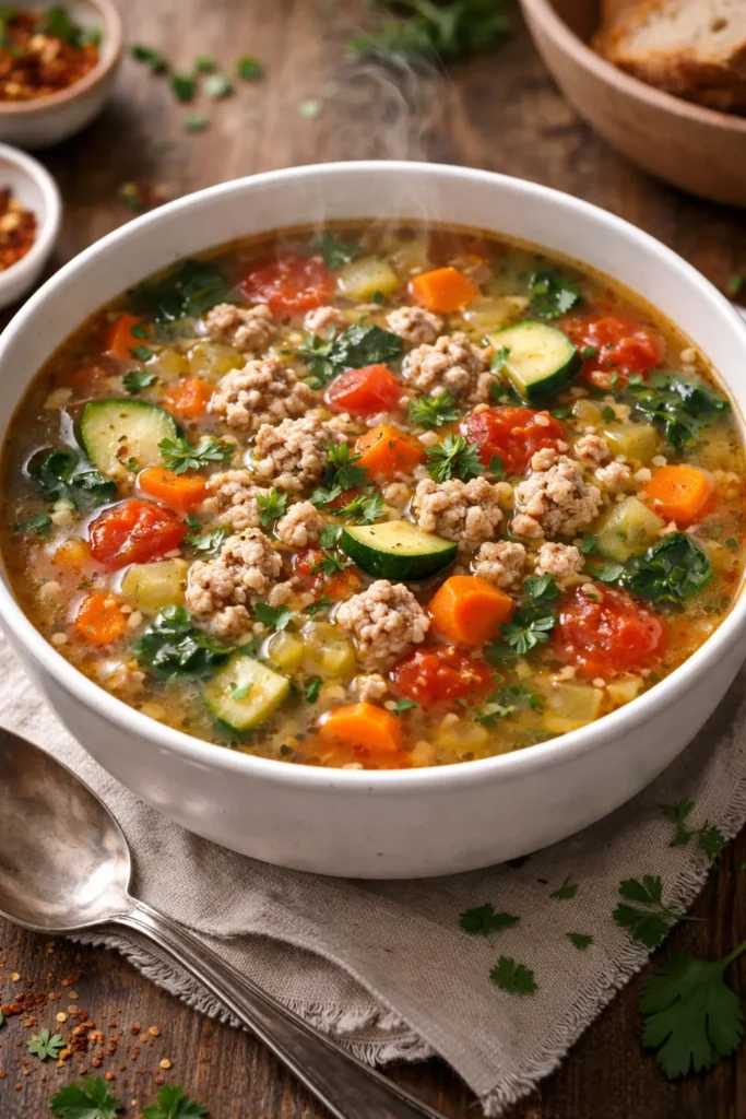 Close-up of a bowl of ground chicken and vegetable soup with carrots, celery, zucchini, and tomatoes in broth