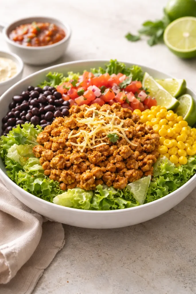 Taco salad bowl with romaine, beans, corn and tomatoes