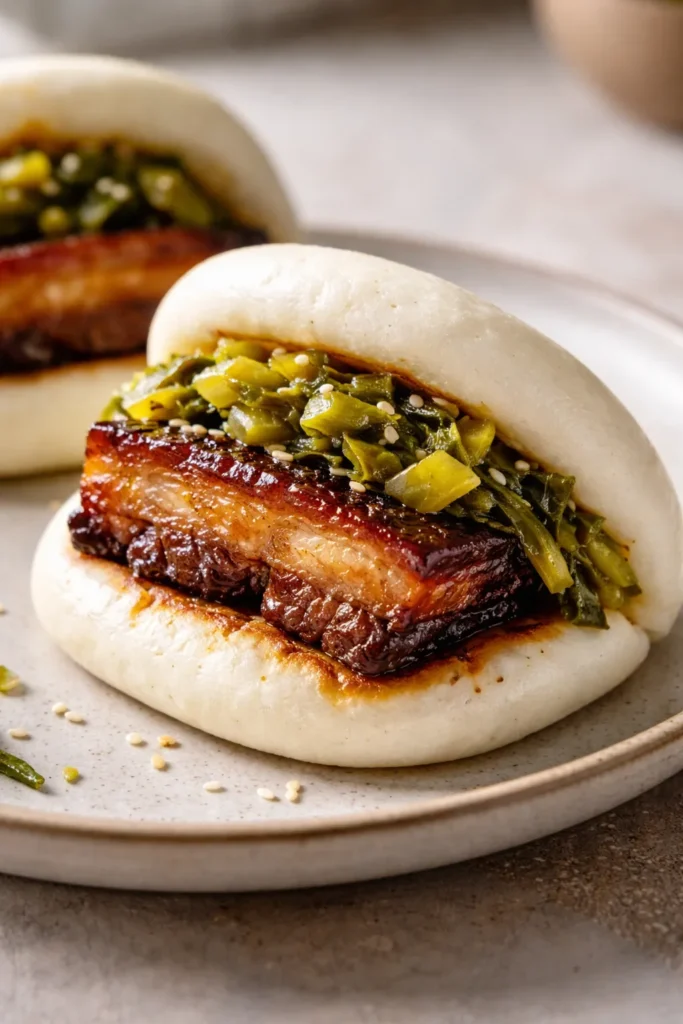 Cross-section gua bao with braised pork belly and pickled greens