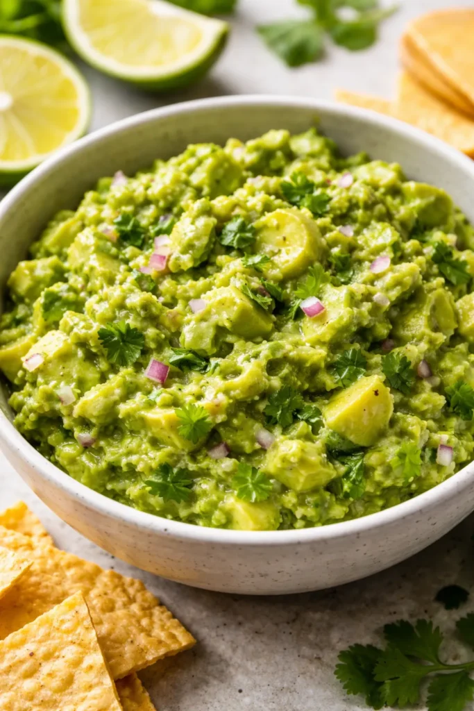 Chunky and creamy guacamole in a white bowl with avocado chunks